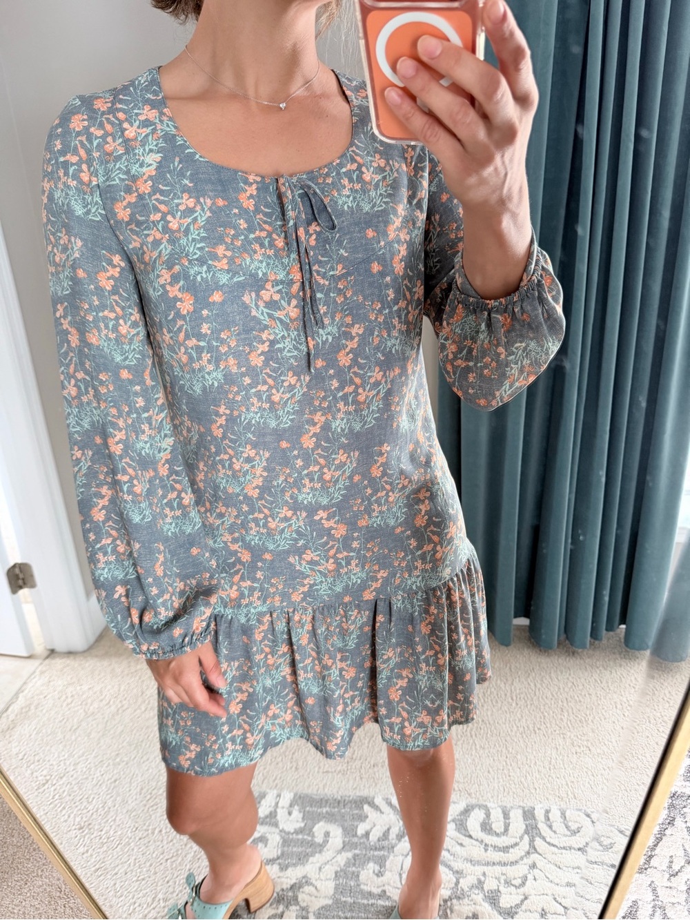 Melrose and Market Floral Tie-Neck Long Sleeve Midi Dress - XS